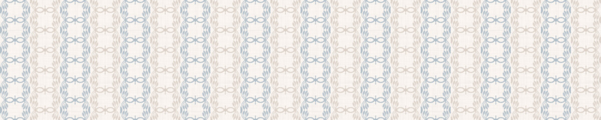 French blue damask shabby chic stripe linen vector texture border background. Stripedhand drawn banner seamless pattern. Hand drawn wonky interior home decor ribbon. Classic rustic farmhouse style .