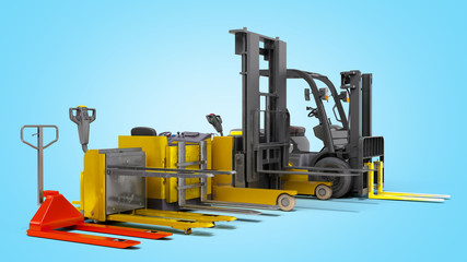 Different Forklift loaders isolated 3D render on blue gradient