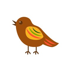 Cute bird with colorful plumage on a white background is standing. Brown color with bright feathers. Wildlife representative. Cartoon style