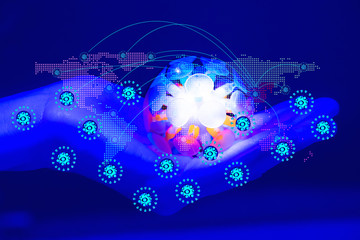 DOTTED map for covid 19 outbreaks.The corona virus is spread worldwide. The symbol represents the infection of Covid-19. In the hands of people.