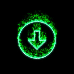 The symbol arrow circle down burns in green fire