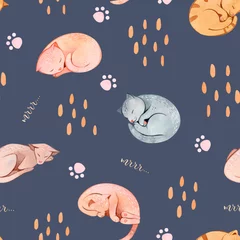 Wallpaper murals Sleeping animals Hand painted watercolor seamless pattern with sleeping cats and paws