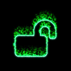 The symbol lock open burns in green fire