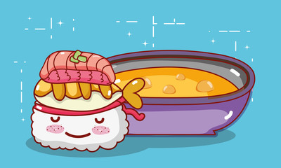 kawaii sushi tempura fish and soup food japanese cartoon , sushi and rolls