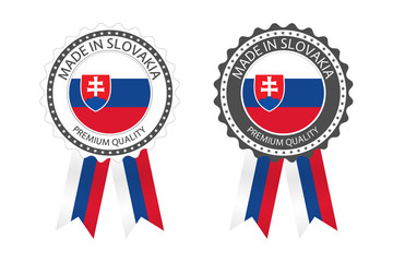 Two modern vector Made in Slovakia labels isolated on white background, simple stickers in Slovak colors, premium quality stamp design, flag of Slovakia