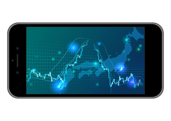 急落する株価チャートとスマホデジタル白背景イメージ