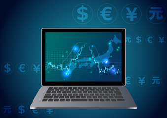 急落する株価チャートとノートパソコン・日本地図青色背景イメージ
