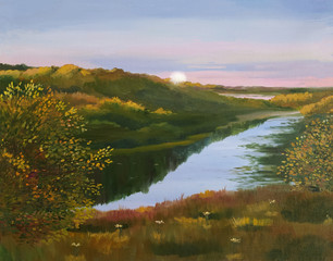 Oil painting on canvas. Evening landscape with the image of the river and trees.