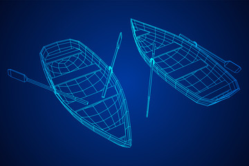 Rowing boat with paddles. Wireframe low poly mesh vector illustration