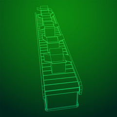 Conveyor belt section with open boxes. Factory production equipment. Wireframe low poly mesh vector illustration