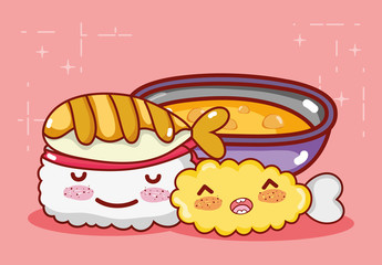kawaii tempura roll fish and soup food japanese cartoon, sushi and rolls