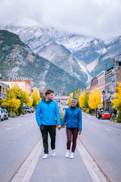 Banff Village In Banff National Park Canada Canadian Rockies, Couple On Vacation In Canada