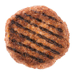 grilled burger meat isolated on white background, top view