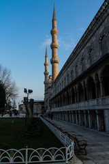 View of the historic Blue Mosque in Istanbul at sunset. Turkey