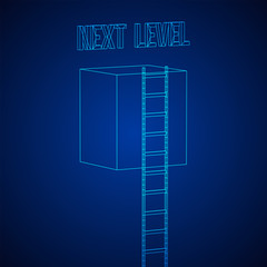 Next level with high giant box wall towards the sky with clouds and tall ladders. Pass challenge to reach the goal concept. Wireframe low poly mesh vector illustration.