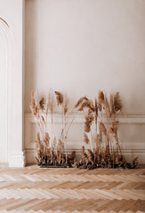 dry pampas grass decor along the beige wall parquet floor in the room place text copy space