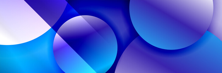 Dynamic trendy geometrical abstract background. Circles, round shapes 3d shadow effects and fluid gradients. Modern overlapping round forms