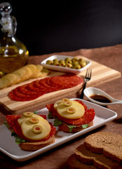 Spanish tapas with olives and pepperoni
