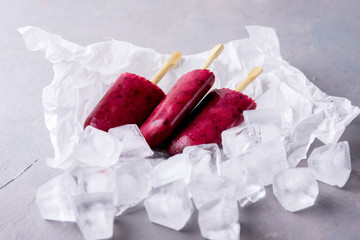 Homemade Berries Ice Pops Tasty and Healthy Ice Cream Gray Background Ice Cube Horizontal Popsicle