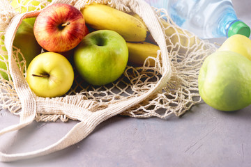 Eco Bag with Harvest or Fruits and Botlle of Water Eco Bag for the Fruit Green Apples Red Apples Bananas