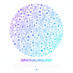 Ophthalmology concept in circle with thin line icons: laser eye surgery, eye test, eye drops, contact lenses, cataract, astigmatism, phoropter, autorefractometer, farsightedness. Vector illustration.