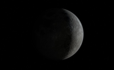 3D Illustration Rendering. Earth's Full Moon Glowing On Black starfield Background. Half Moon