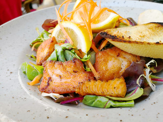 grilled salmon and lemon - french cuisine dish with tomato and salmon