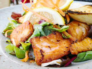 grilled salmon and lemon - french cuisine dish with tomato and salmon