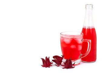 Fresh Roselle fruit (Jamaica sorrel, Rozelle or hibiscus sabdariffa ) and glass of roselle juice tea isolated on white background. 