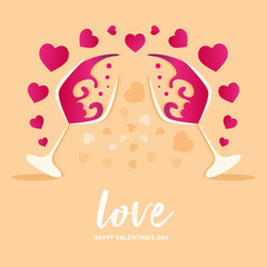 Glasses of red wine with hearts and typography, Valentine greeting card - Vector Illustration
