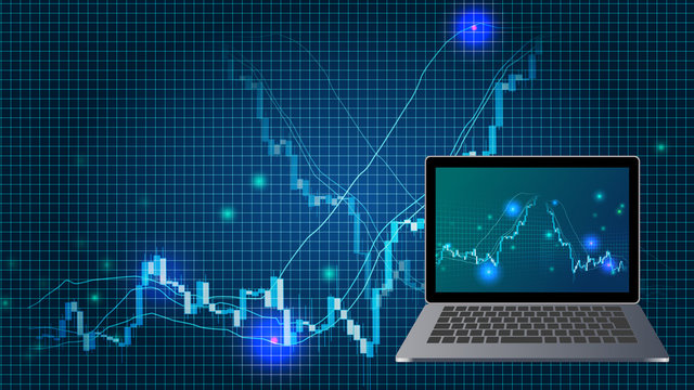 高騰急落する株価チャートとノートパソコン青色背景イメージ