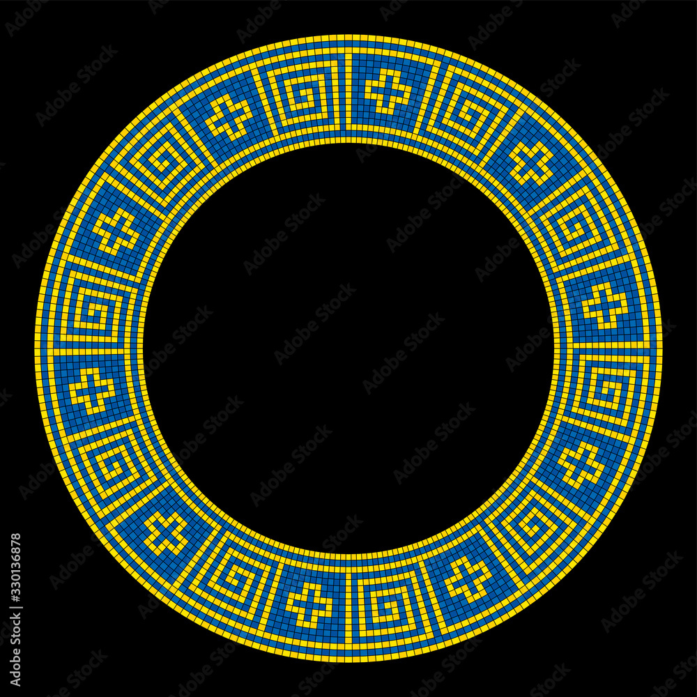 Poster meander mosaic pattern, circle shaped frame in yellow and blue. decorative border with meanders and 