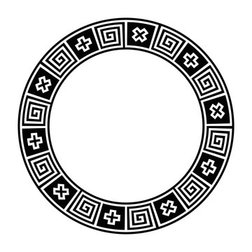 Classical Greek meander, circle frame, made of seamless meander pattern. Decorative border with meanders and crosses in black squares. Greek fret or key, meandros. Illustration over white. Vector.