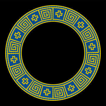 Meander mosaic pattern, circle shaped frame in yellow and blue. Decorative border with meanders and crosses in black squares. Classical Greek fret or key, meandros. Illustration over black. Vector.
