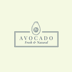 Avocado Abstract Vector Sign, Symbol or Logo Template. Hand Drawn Exotic Fruit Sillhouette Sketch with Elegant Retro Typography and Frame. Vintage Luxury Emblem.