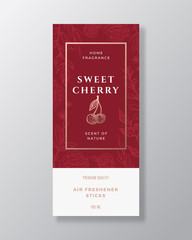 Cherry Home Fragrance Abstract Vector Label Template. Hand Drawn Sketch Berries, Flowers, Leaves Background and Retro Typography. Premium Room Perfume Packaging Design Layout. Realistic Mockup.