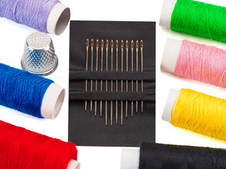 Set of steel sewing needles with golden needle's eyes for people with low vision, threads of...