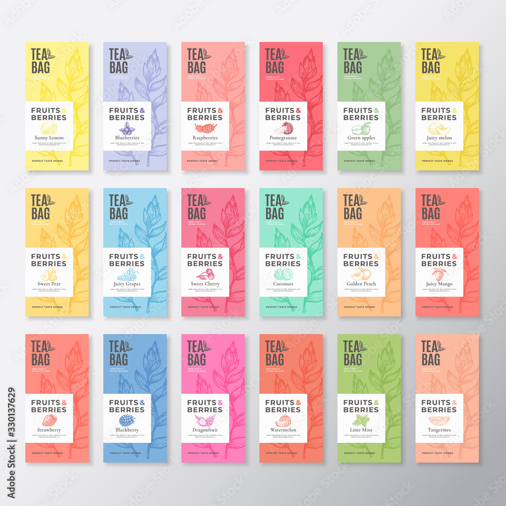 Wall mural fruit and berries tea labels collection. abstract vector packaging design layouts set with realistic