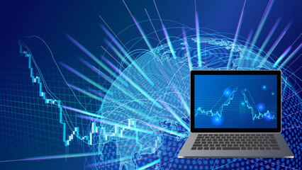 高騰急落する株価チャートと世界地図青色背景イメージ