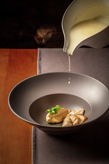 cheese soup with turkey fillet. Delicious homemade food. author menu. place under the text