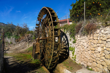Ancient arabic mill, water noria at Abaran village in Murcia region Spain Europe