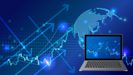 急落する株価チャートとノートパソコン世界地図青色背景イメージ