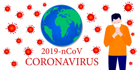 Coronavirus 2019-nCOV virus,  man in a medical mask coughs, global epidemic, vector illustration