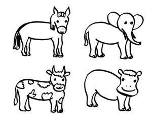 Animal Jungle hand drawn, Black Outline, freehand,elephants, hippos, cows, buffalo