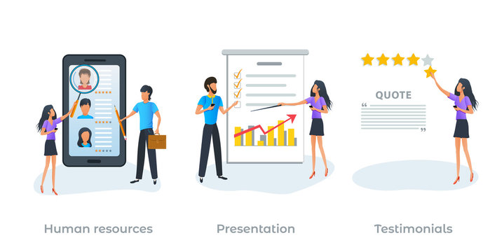 Concept of human resources, recruitment agency and employment process. Searching job. Customer feedback, client review, online service rating or testimonials. Presentation. Flat vector illustration