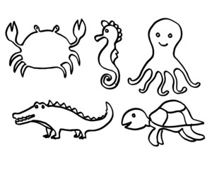 Set of outlined cartoon sea animals hand drawn. Vector illustration