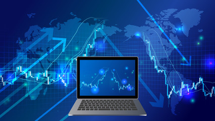 急落する株価チャートとノートパソコン世界地図青色背景イメージ