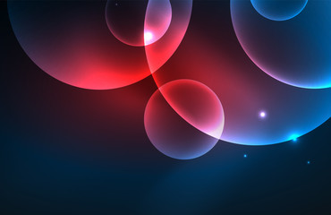 Neon shiny transparent glowing circles with light effects. Techno futuristic vector abstract background For Wallpaper, Banner, Background, Card, Book Illustration, landing page