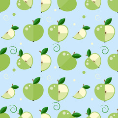 Seamless pattern of apples, apple slices, color dots and curls on a blue background