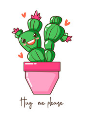 Cute kawaii baby cactus succulent with happy funny smile face in pot, crown flower and wishes, fashion slogan. Vector Nursery design poster, birthday, greeting cards, invitations or like sticker